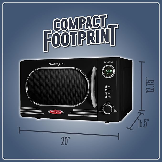 Nostalgia Retro Countertop Microwave Oven - 1.1 Cu Ft & 1000 Watt Power- Easy to Clean with Removable Glass Turntable - Child Safety Lock - 12 Programs - Digital Clock - Black