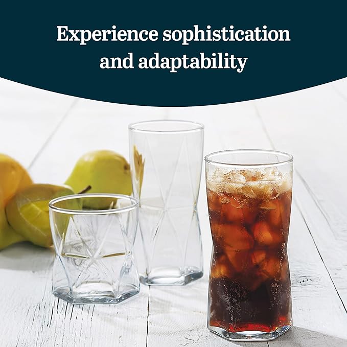 Libbey Rhombus Tumbler and Rocks Drinking Glasses Set of 16, Fun Geometric Glass Cups Set, Kitchen Glasses Set for Cocktails, Water, and Everyday Use