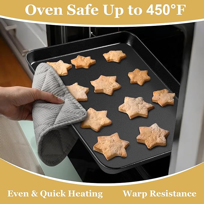 E-far 12.3x9.5x1 Inch Cookie Sheet for Baking, Nonstick Metal Oven Tray Pan for Cookies Jellyroll Cake, Nontoxic Rectangle Carbon Steel Baking Pan for Toaster Oven, Warp Resistant & Easy Clean