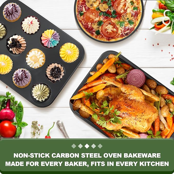 EWFEN Bakeware Sets, Baking Pans Set, Nonstick Oven Pan for Kitchen with Wider Grips, 7-Piece with Round/Square Cake Pan, Loaf Pan, Muffin Pan, Cookie Sheet, Roast Pan, Cooling Rack, Carbon Steel Bake