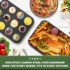 EWFEN Bakeware Sets, Baking Pans Set, Nonstick Oven Pan for Kitchen with Wider Grips, 7-Piece with Round/Square Cake Pan, Loaf Pan, Muffin Pan, Cookie Sheet, Roast Pan, Cooling Rack, Carbon Steel Bake