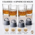 OLD BARREL Whiskey Glasses Set of 8 (4 Glasses with 4 Ice Ball Molds) 10oz Old Fashioned Crystal Glasses Gift Box – Bourbon, Scotch, Cocktail Rocks Glas – Gifts for Men, Dad, Birthday, Christmas Gift