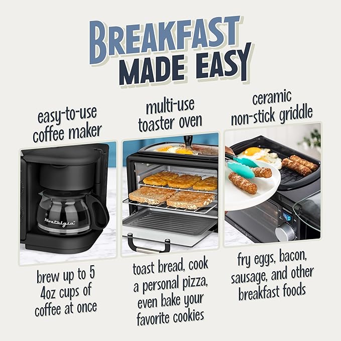 Nostalgia 3-in-1 Retro Breakfast Station - Includes 5 Cup Coffee Maker, Non-Stick Ceramic Griddle, and 4-Slice Toaster Oven - Built-In Timer, Reusable Coffee Filter, Space-Saving Design - Black
