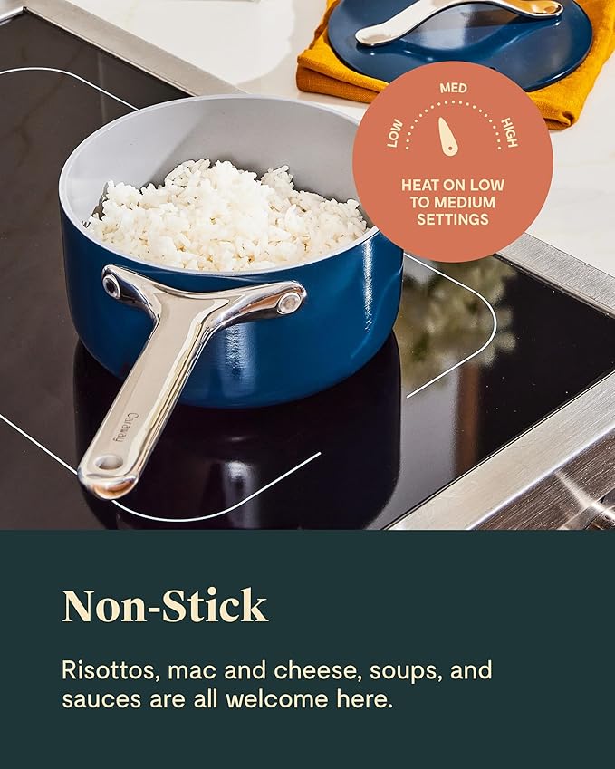Caraway Nonstick Ceramic Sauce Pan with Lid (1.75 qt) - Non Toxic, PTFE & PFOA Free - Oven Safe & Compatible with All Stovetops (Gas, Electric & Induction) - Black