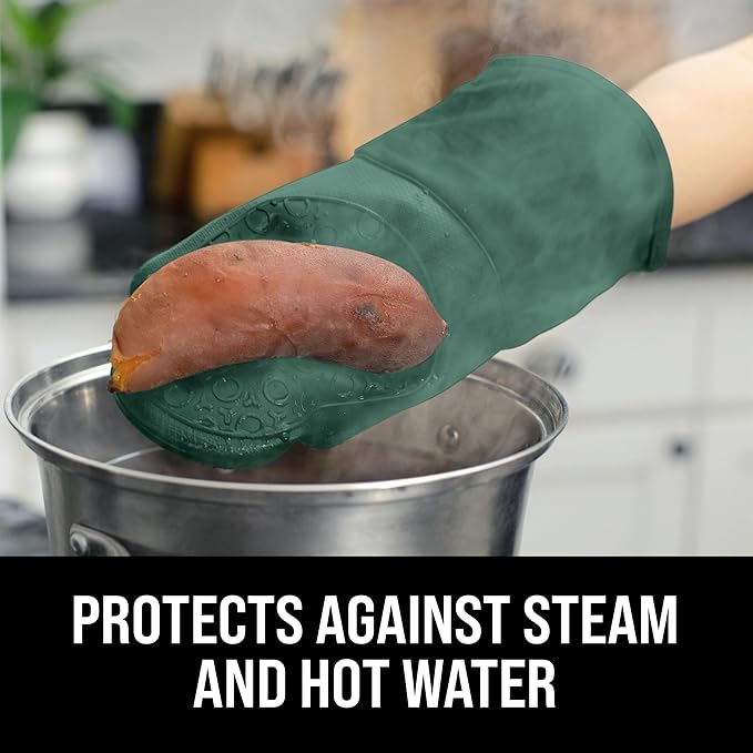 BPA-Free Silicone Oven Mitts Ultra Heat Resistant up to 500°F - Oven Mitts with Thick Cotton Liner - Long Slip Resistant Pot Holders, Flexible Oven Gloves - Green 13.7