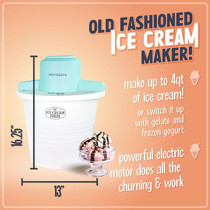 Nostalgia Electric Ice Cream Maker – Parlor Style, Old Fashioned Soft Serve Ice Cream Machine Makes Frozen Yogurt or Gelato in Minutes - Fun Kitchen Appliance – White - 4 Quart