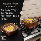 Moss & Stone 5 Pcs Copper Chef Cookware Non Stick Deep Frying Pan, Fry Basket, Steamer Rack, Dishwasher & Oven Safe, 5 Qt Deep Square Pan, Induction Copper Cookware Set - 9.5" x 3.5"
