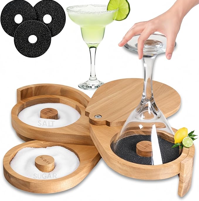 Margarita Salt Rimmer Set, 3 Tier Bamboo Rimmer for Glass Rims, Salt|Sugar|Lime Seasoning for Bloody Mary, Manhattan Tequila Cocktail Drink Accessories for Bartender/Bar (Bamboo Wood With Sponges)