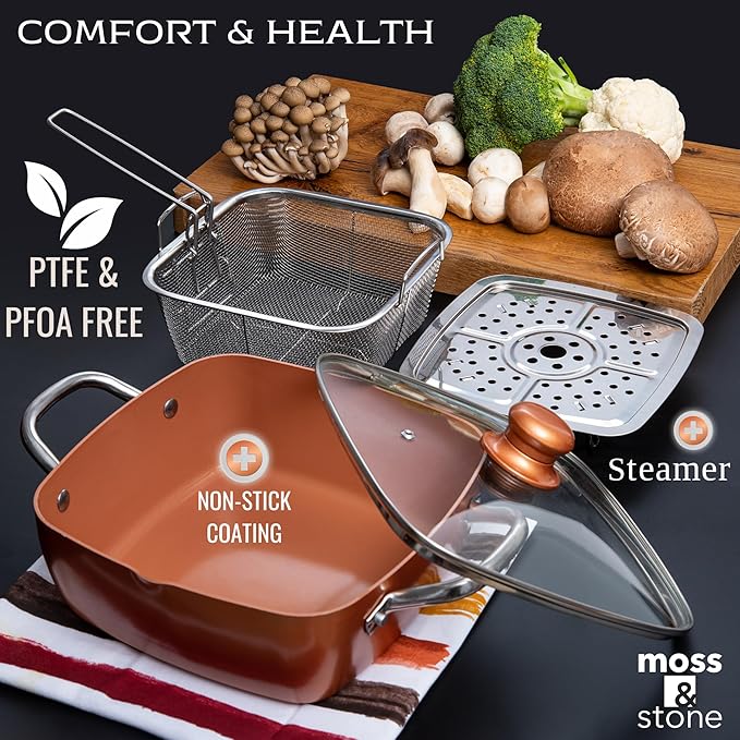 Moss & Stone 5 Pcs Copper Chef Cookware Non Stick Deep Frying Pan, Fry Basket, Steamer Rack, Dishwasher & Oven Safe, 5 Qt Deep Square Pan, Induction Copper Cookware Set - 9.5" x 3.5"