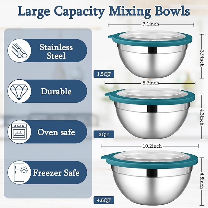 LIANYU Stainless Steel Metal Mixing Bowls, 3 Packs Deep Nesting Mixing Bowls Set for Baking Cooking and Prepping, 4.6 & 3 & 1.5QT Large and Small Size, Include Visible & Airtight Lid, Blue