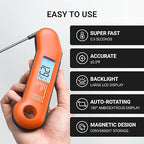 Professional Meat Thermometer Digital, Ultra-Fast 0.5 Sec Instant Read, NIST Certified ±0.5°F Accuracy, IP67 Waterproof, Auto-Rotating Backlit Display, Lift-to-Wake, for BBQ/Candy, Orange&Gray
