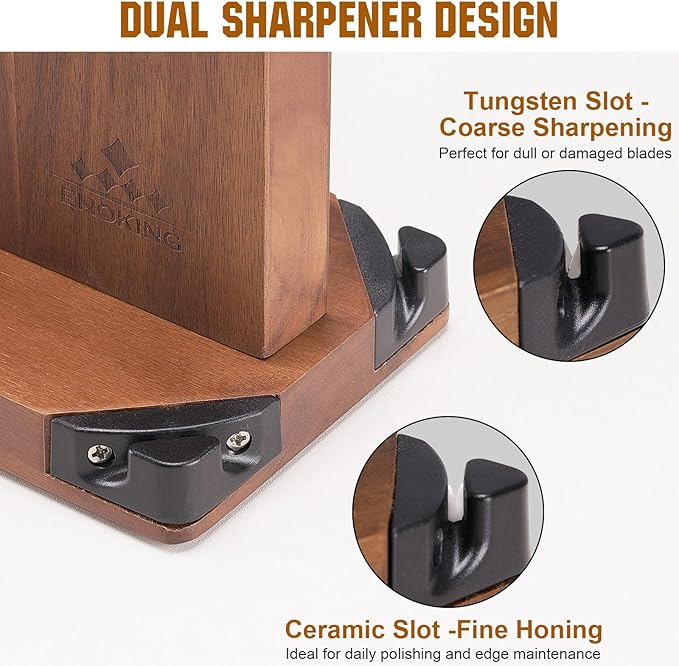ENOKING 15.2" Extra Large Magnetic Knife Block with Dual Sharpeners, Acacia Wood Knife Holder & Display Stand with Strong Magnets