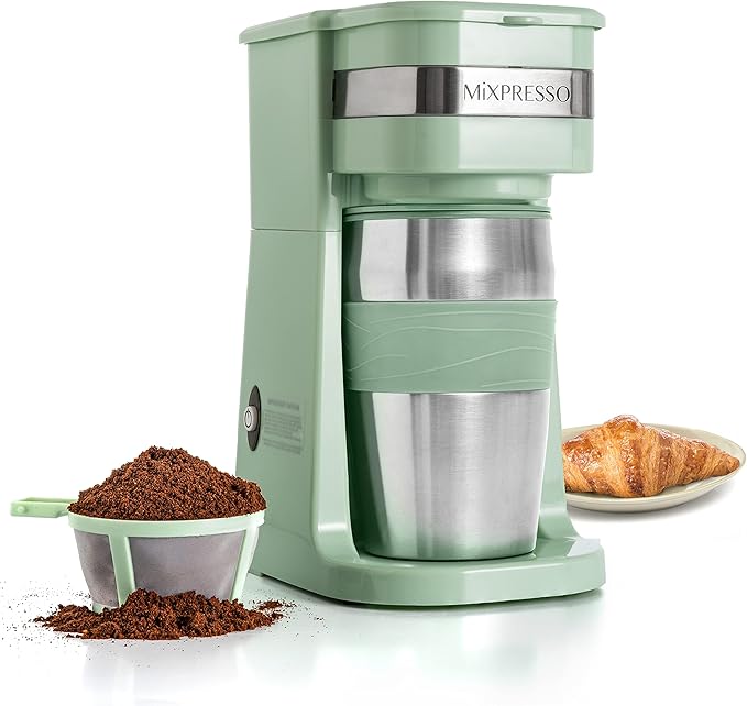 Mixpresso Green Personal Single Serve Coffee Maker with 14oz Travel Mug, Drip Small Coffee Maker with Auto Shut Off, Reusable Filter, Works with Ground Coffee Only – Not for K-Cup Pods