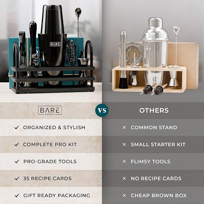 BARE BARREL® Mixology Bartender Kit Bar Set | 14-Piece Cocktail Shaker Set | Martini Barware Mixing Tools for Home Bartending | 35 Recipe Cards | Gift Set (28oz Boston Shaker, Jet Black/Black)