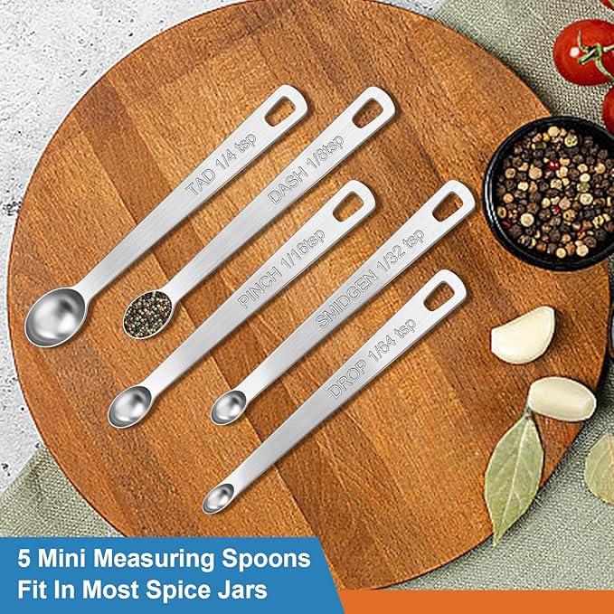 Wildone 14 Piece Stainless Steel measuring spoons Set, Including 8 Double Sided Magnetic, 1 Leveler and 5 Mini, for Dry and Liquid Ingredients, Fits in Spice Jar