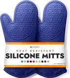 BPA-Free Soft Silicone Oven Mitts - Ultra Heat Resistant Oven Mitts with Thick Cotton Liner - Extra Long Slip Resistant Pot Holders, Flexible Oven Gloves - Navy 14.7"