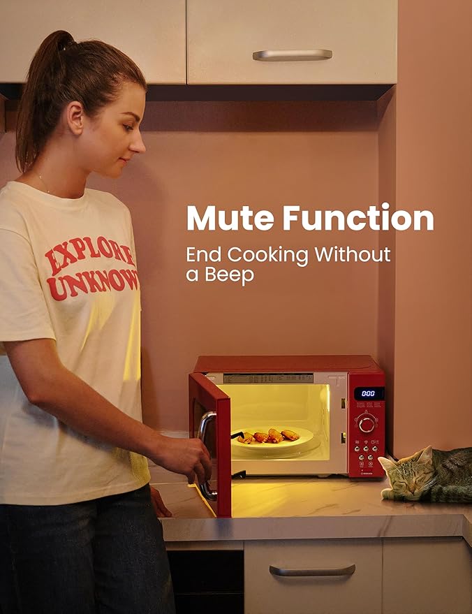 COMFEE' Retro Small Microwave Oven With Compact Size, 9 Preset Menus, Position-Memory Turntable, Mute Function, Countertop, Perfect For Small Spaces, 0.7 Cu Ft/700W, Red, AM720C2RA-R