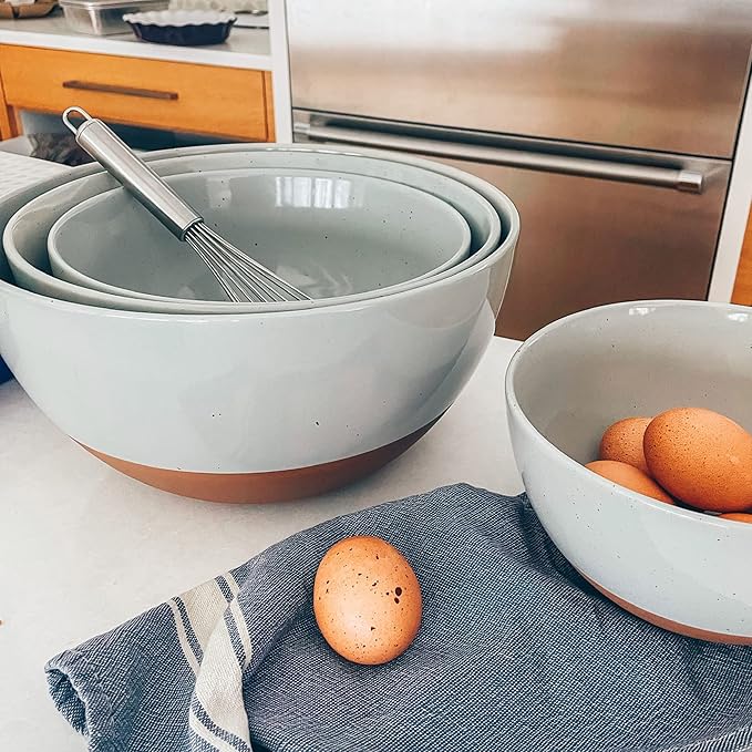 Mora Ceramic Large Mixing Bowls - Set of 2 Nesting Bowls for Cooking, Serving, Popcorn, Salad etc - Microwavable Kitchen Stoneware, Oven, Microwave and Dishwasher Safe - Extra Big 5.5 & 3.6 Qt - Grey
