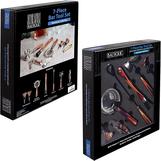 Totally Bamboo Baltique Marrakesh 7 Piece Bartender Kit, Gift Set with Bar Accessory Tools, Muddler, Double Sided Jigger, Hawthorne Cocktail Strainer, Bar Spoon, Waiter's Friend and 2 Bottle Stoppers