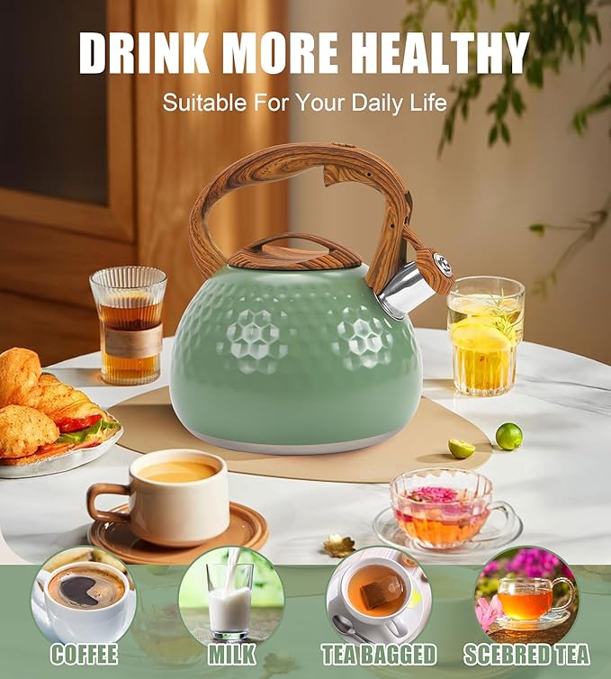 Stovetop Whistling Tea Kettle 3.2QT - Stainless Steel with Wood Grain Handle, Loud Whistle Kettle for Tea, Coffee & Milk, Ergonomic Grip & Balanced Pour Spout (Emerald Green)