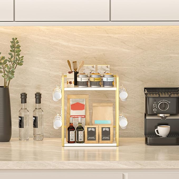 Dorhors 2 Tier Coffee Bar Accessories and Organizer,Multi-functional Mug Holder with 12 Hooks,Wood Coffee Station Organizer,Kitchen Countertop Shelf (Gold + White)