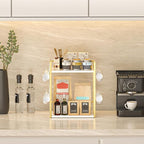 Dorhors 2 Tier Coffee Bar Accessories and Organizer,Multi-functional Mug Holder with 12 Hooks,Wood Coffee Station Organizer,Kitchen Countertop Shelf (Gold + White)