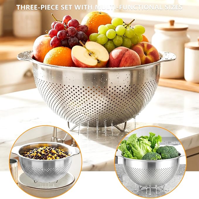 18/8 Stainless Steel Strainer and Colander for Kitchen, Pasta Strainer with Handle, Metal Colander for Spaghetti, Rice, Fruit, Vegetables, Noodles and Eggs, Collander and Sieve （3QT）