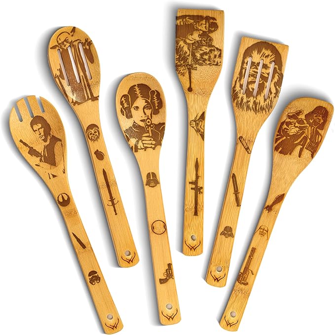 Star Warz gifts Wooden Spoons for Cooking for Space Wars Fans - Wooden Utensil Set with Spatulas & Spoons, Heat-Resistant, Eco-Friendly Kitchen Utensils for Non-Stick Cookware