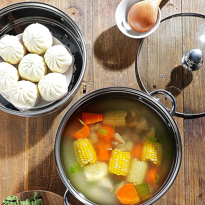 Steamer for Cooking,28cm Steamer Pot with Glass Lid,11 inch Steam Pots with Lid 2-tier for Cooking Veggies Fish Seafood Noodles, Pasta, Food