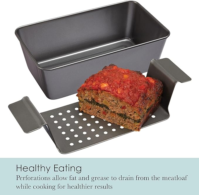 Chicago Metallic 2-Piece Healthy Meatloaf Pan with Draining Insert Professional Grade Non-Stick Carbon Steel Baking Pan with Lift and Serve Feature, 12.2 inch, Grey