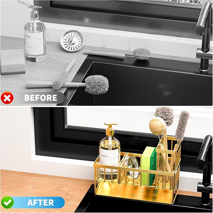 Cisily Gold Kitchen Sink Caddy Organzier with High Brush Holder, Sponge Holder for Sink, 304 Rustproof Stainless, Kitchen Countertop Soap Dispenser Organizer, Home Decor and Accessories