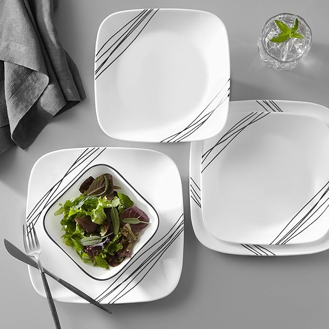 Corelle Dinnerware Set (12pc, Simple Sketch)-Dinner for 4 Includes x: Dinner Plates, Side & Bowls 3 X More Durable, Half The Space Weight of Ceramic up to 80% Recycled Glass, 1146920