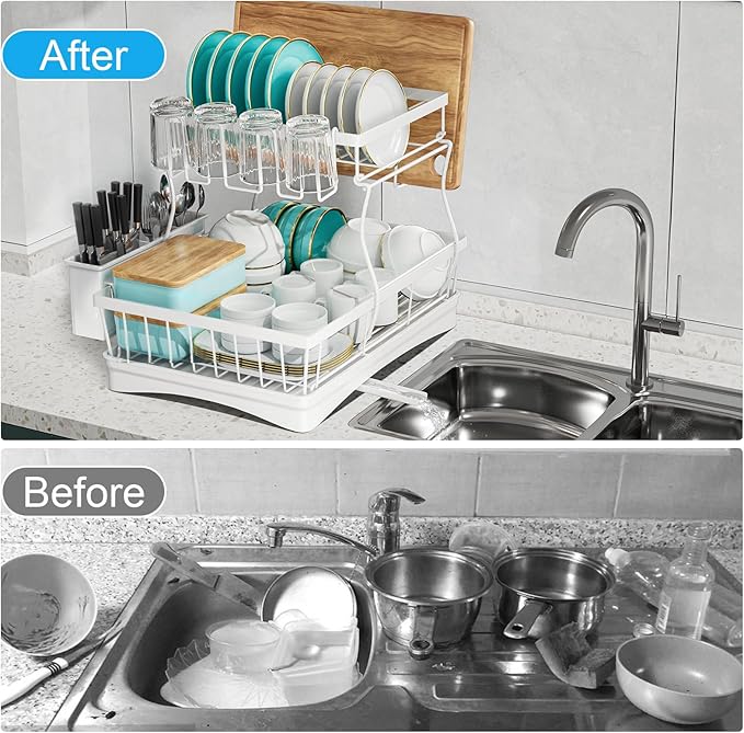 7 code Large Dish Drying Rack, 2-Tier Dish Racks for Kitchen Counter, Detachable Large Capacity Dish Drainer Organizer with Utensil Holder, Dish Drying Rack with Drain Board, White