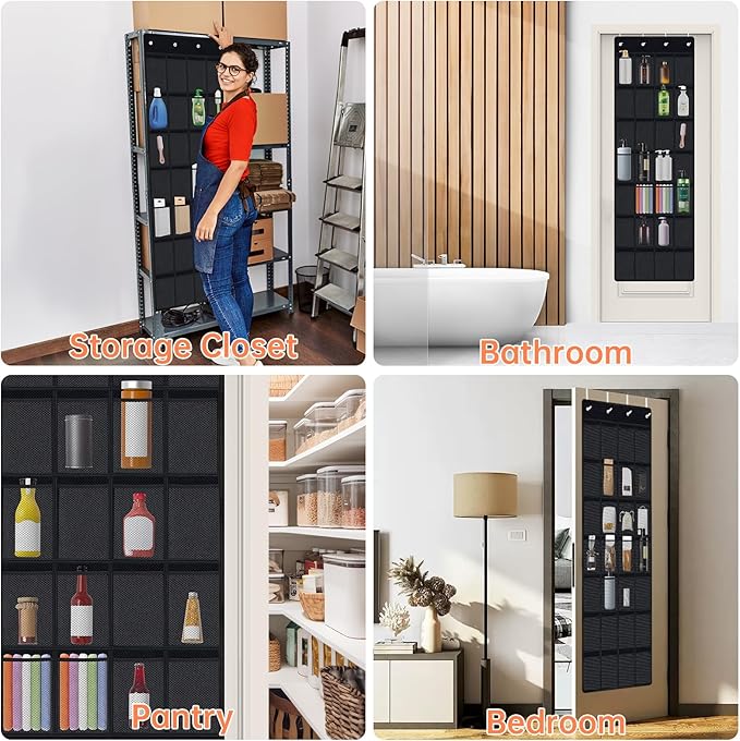 NiHome 28-Pocket Over-the-Door Organizer for Stanley Cups, Large Tumblers, Water Bottles, Travel Mugs, Lids, Space-Saving Elastic Mesh Bottle Holder for Kitchen, Pantry, RV, Cabinet Doors (Black)