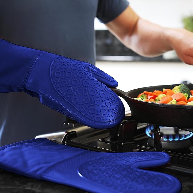 BPA-Free Soft Silicone Oven Mitts - Ultra Heat Resistant Oven Mitts with Thick Cotton Liner - Long Slip Resistant Pot Holders, Flexible Oven Gloves - Royal Blue 13.7"