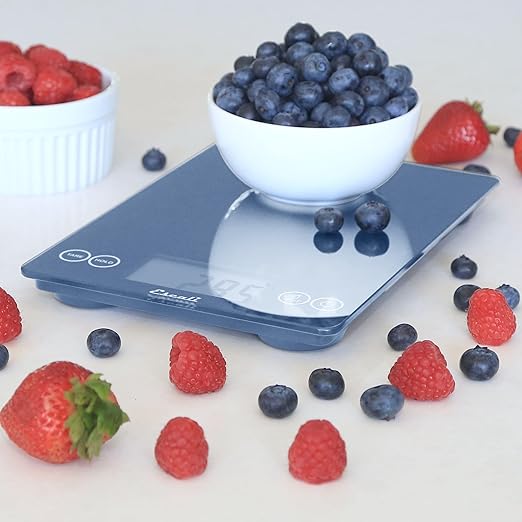 Escali Arti Glass Food Scale Digital Countertop Kitchen, Baking and Cooking Scale with Nutrition and Calorie Counter, 15-Pound Capacity, 9" x 6.5" x .75", Blue Mirage