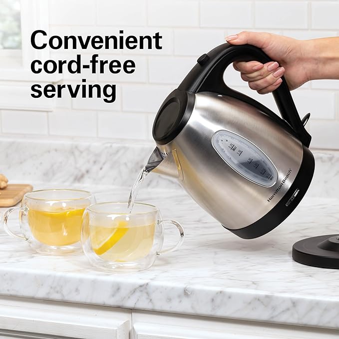 Hamilton Beach Electric Tea Kettle, Water Boiler & Heater, 1.7 Liter, Cordless Serving, 1500 Watts for Fast Boiling, Auto-Shutoff and Boil-Dry Protection, Stainless Steel (40880)