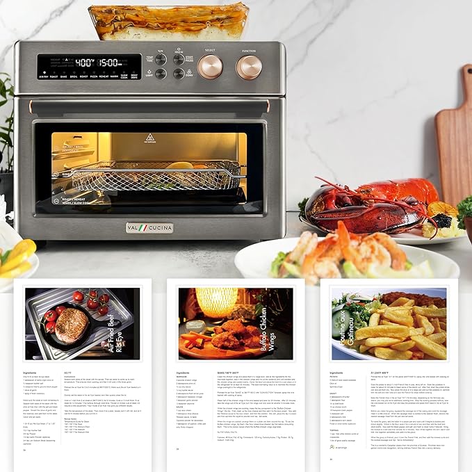 VAL CUCINA Infrared Heating Air Fryer Toaster Oven, Extra Large Countertop Convection Oven 10-in-1 Combo, 6-Slice Toast, Enamel Baking Pan Easy Clean with Recipe Book, Black Matte Stainless Steel