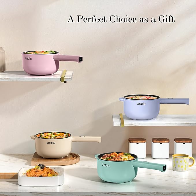 Dezin Hot Pot Electric, 2L Non-Stick Sauté Pan, Rapid Noodles Cooker, Mini Portable Pot for Steak, Egg, Fried Rice, Ramen, Oatmeal, Soup with Power Adjustment & Spatula, College Dorm Room Essential