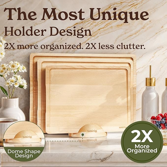 SMIRLY Wood Cutting Boards for Kitchen Wooden Chopping Board Set Reversible with Deep Juice Grooves Grip Handles, Large Charcuterie Tray for Home Kitchen, Natural Birch, 3Pcs with Holder