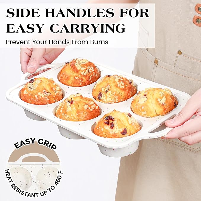 2 Pcs Jumbo Muffin Pan with Metal Frame, Nonstick 6 Cup Extra Large Cupcake Pan for Baking, Silicone Deep Muffin Tray for Egg Bites (Cream)