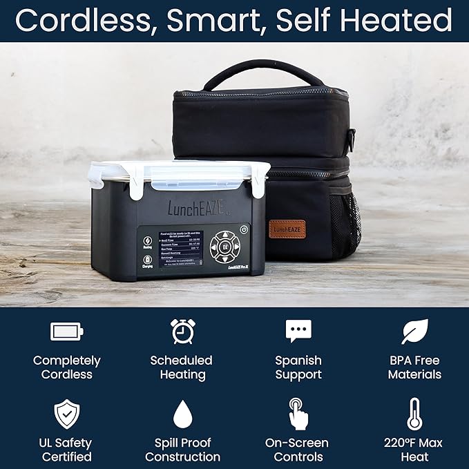 LunchEAZE XL Cordless Heated & Electric Lunch Box – Battery-Powered, 6-Cup Capacity, 220°F, Automatic Scheduled Heating, Insulated Bag for Hot Meals Anywhere