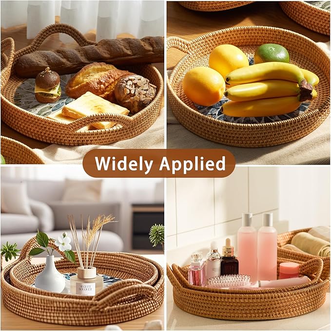 Round Rattan Tray Set (3-Piece) with Mother of Pearl Inlay & Wooden Base | Decorative Wicker Serving Basket | Storage for Coffee, Bread, Fruit | Table, Kitchen Island Decor