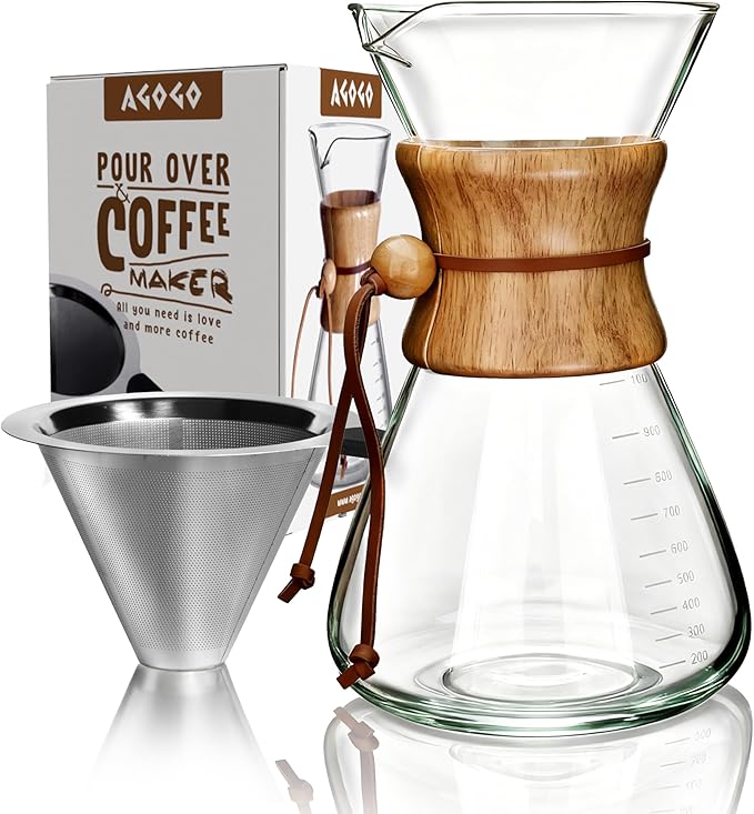 AGOGO Pour Over Coffee Maker Glass - Barista Kit with 304 Stainless Filter for Home, Office, Camping, Cafes - Easy Clean Coffee Dripper Set (Soft Towel&Brush) (34oz Slim Shape w/SS Filter)