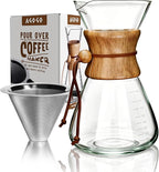 AGOGO Pour Over Coffee Maker Glass - Barista Kit with 304 Stainless Filter for Home, Office, Camping, Cafes - Easy Clean Coffee Dripper Set (Soft Towel&Brush) (34oz Slim Shape w/SS Filter)