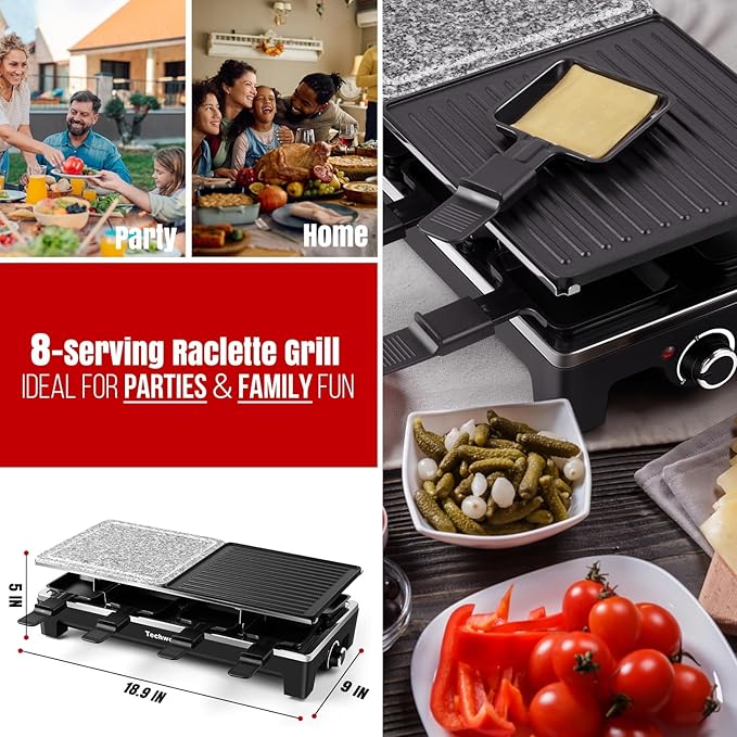 Raclette Grill, Techwood Electric Indoor Grill with 2 Reversible Non-stick Grill Griddle Plates, 1 Stone Grill Plate, 1500W Fast Heating with 8 Cheese Pans, Ideal for Parties and Family Fun, Black
