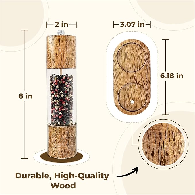 Wooden Salt and Pepper Grinder Set, Manual Premium Acrylic Salt and pepper Mills with Adjustable Ceramic Core and Wooden Stand, 8-Inch Refillable Giftable Shakers (2 Pieces with Tray)