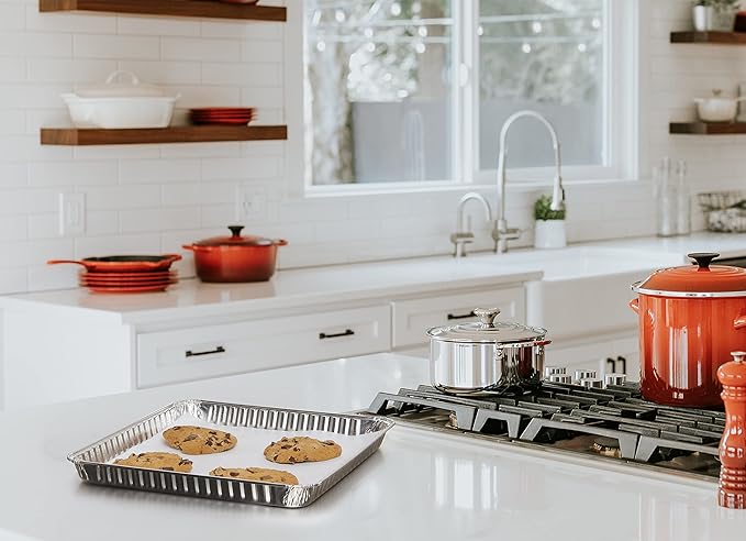 (200 Pack) 1/4 Size Cookie Sheet Baking Cake Pans l 12.8” x 8.9” Disposable Aluminum Foil Trays l Premium Heavy Duty Nonstick Baking Sheets Reusable