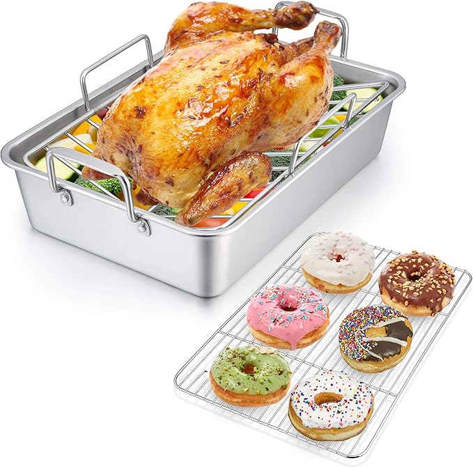 P&P CHEF 14" Roaster Roasting Pan with Baking Rack and V-shaped Rack, Stainless Steel Rectangular Lasagna Pan with Handles for Turkey Chicken, Healthy & Dishwasher Safe, 3 Pieces, Silver