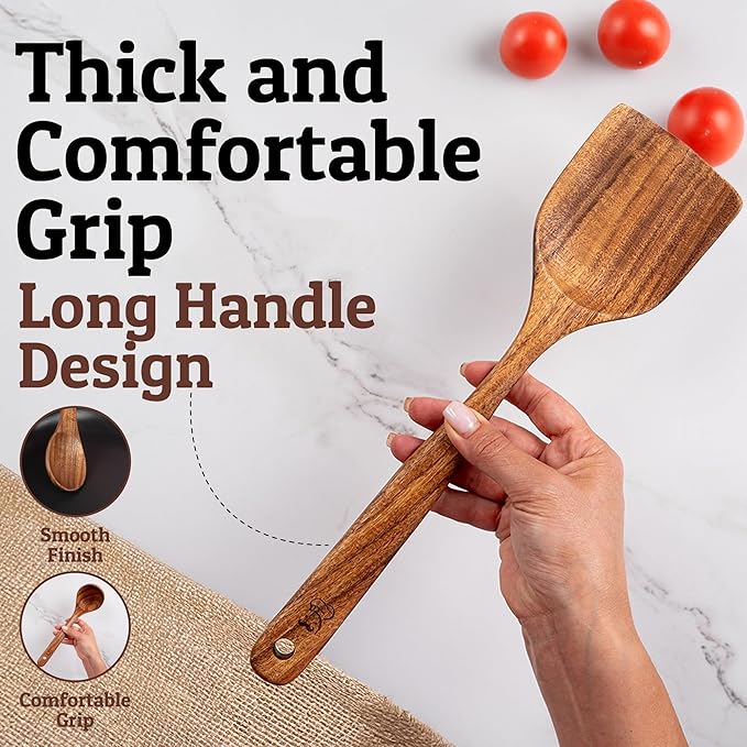 PriorityChef Wooden Spoons for Cooking, Premium 8pc Teak Wood Utensil Set with Hanging Hooks